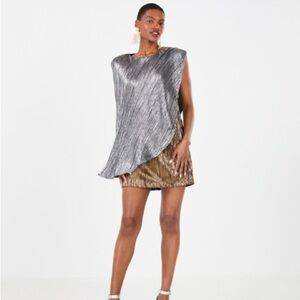 BCBGMAXAZRIA CAPE EVENING MINI DRESS IN GOLD/SILVER NWT